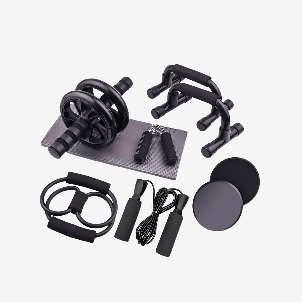 Kit Fitness treino em casa 6 em 1 Roda Abdominal, Suporte para Flexões, Corda, Elástico, Hand Grip, Tapete